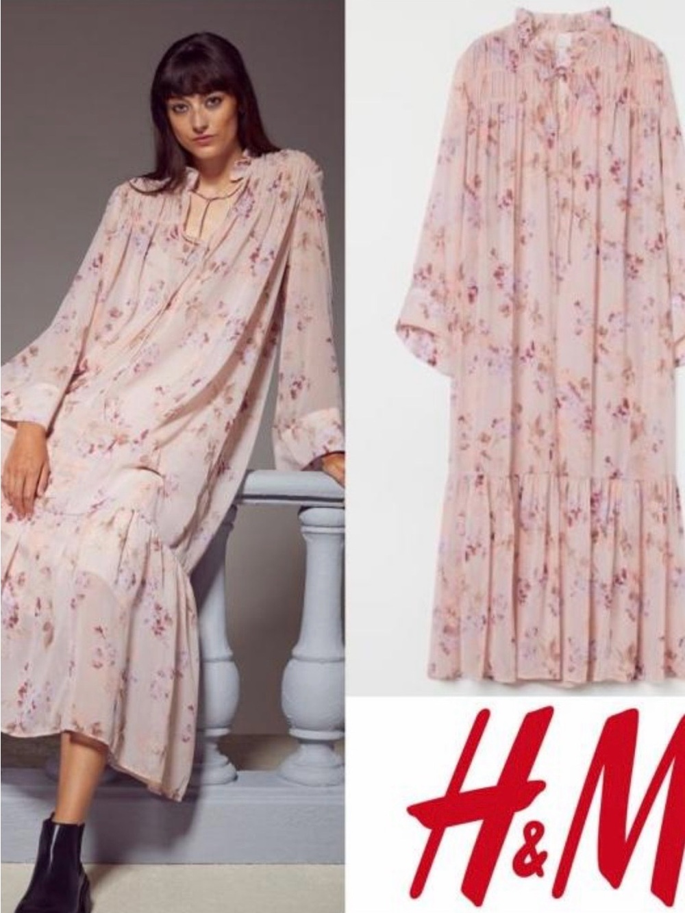 H&M Light Pink Floral Tiered Maxi Dress